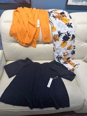 3-Piece Mixed Top pants Set - Orange, Floral White & Blue